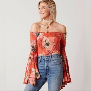 We The Free Floral Off-Shoulder Blouse Orange & Pink NWOT Sz Small